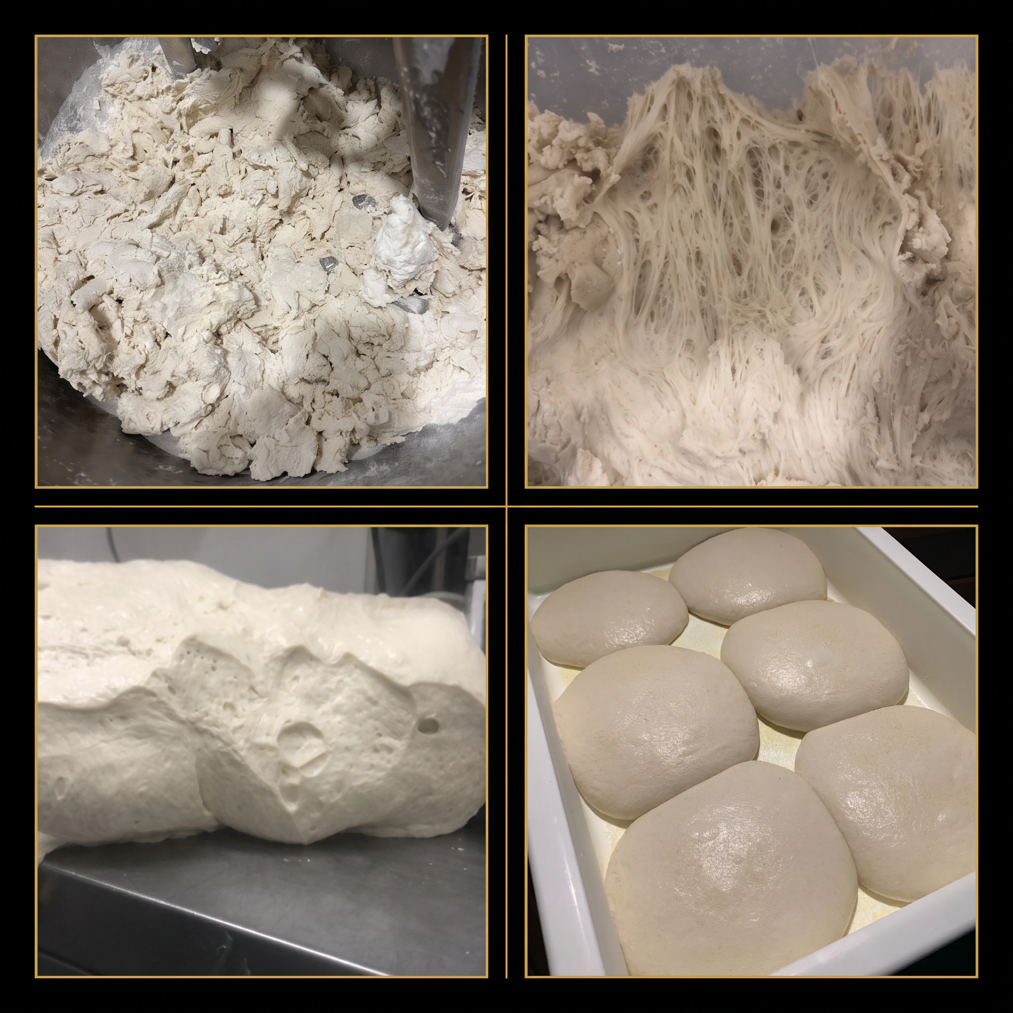 Four-step dough process: mixing, gluten development, bulk fermentation, and proofed dough balls