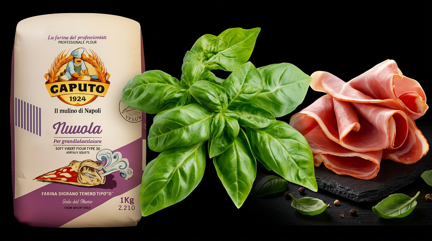 Premium Italian ingredients — Caputo Nuvola flour, fresh basil, and prosciutto