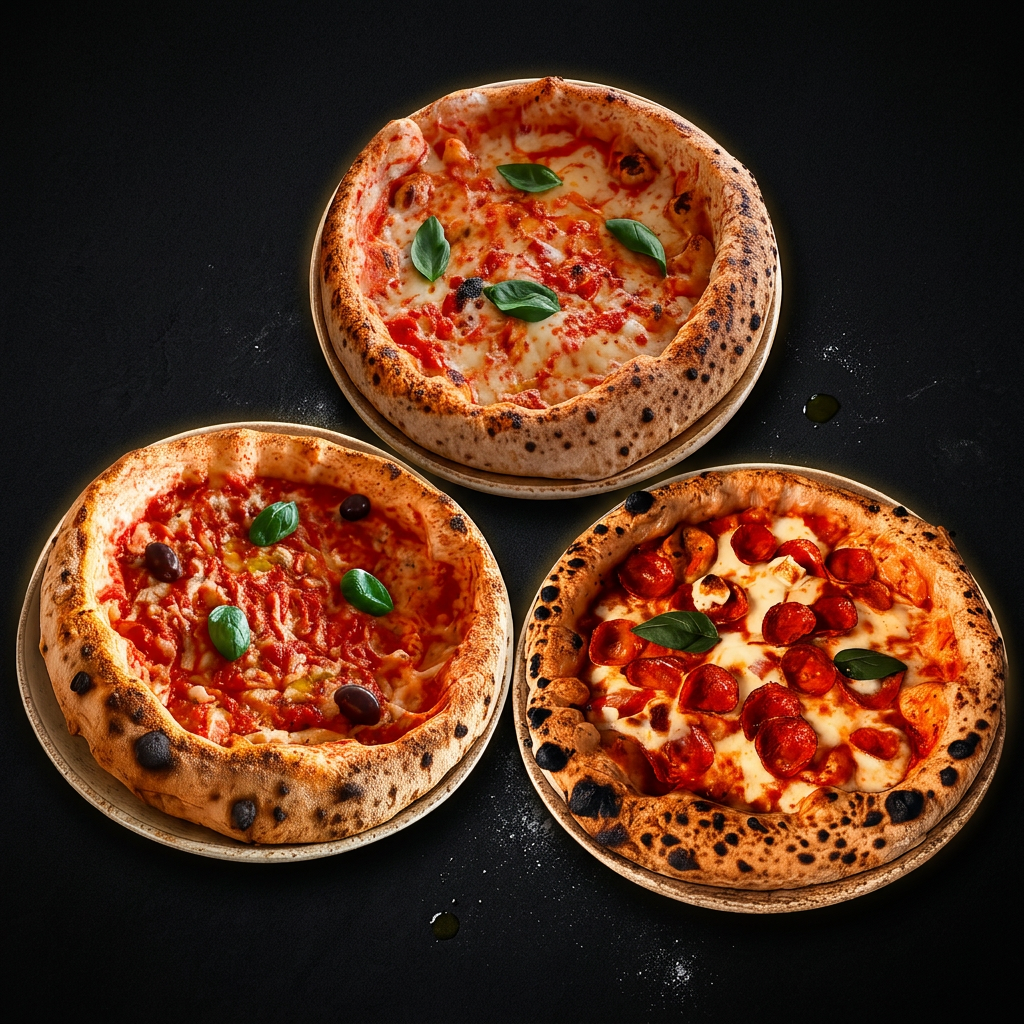 Three authentic Neapolitan pizzas — Margherita, Marinara and Pepperoni